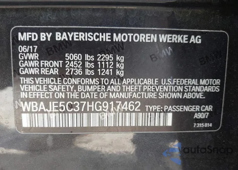 2017 BMW 540I from USA, damaged, VIN WBAJE5C37HG917462